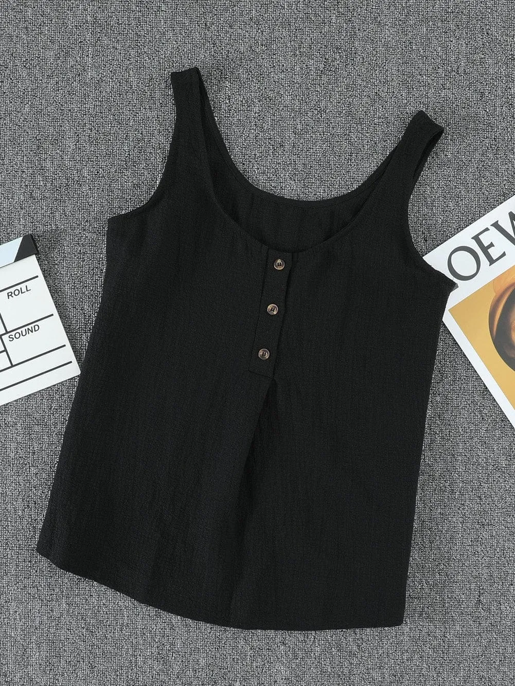 Button-Up Black Textured Sleeveless Top