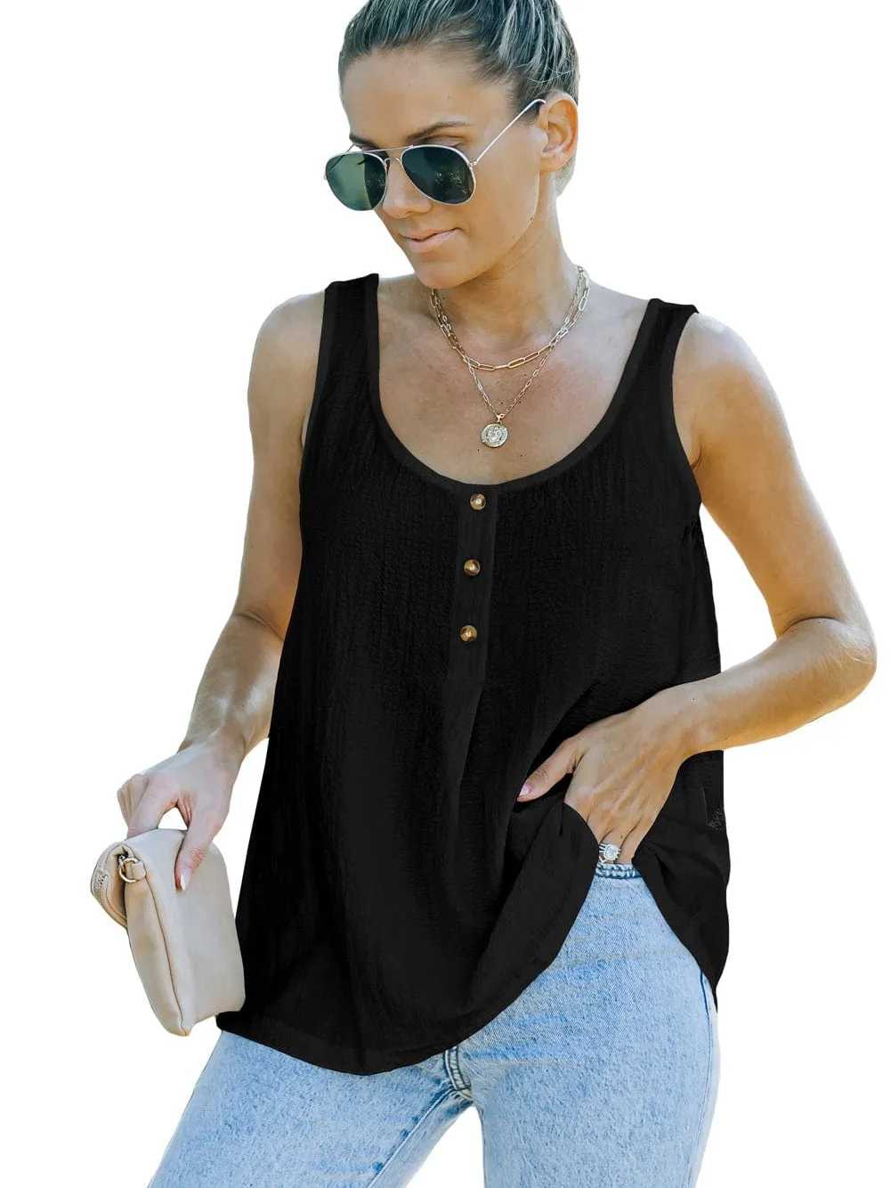 Button-Up Black Textured Sleeveless Top