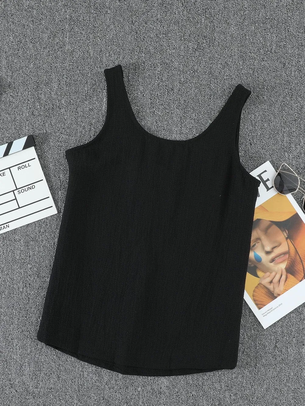 Button-Up Black Textured Sleeveless Top