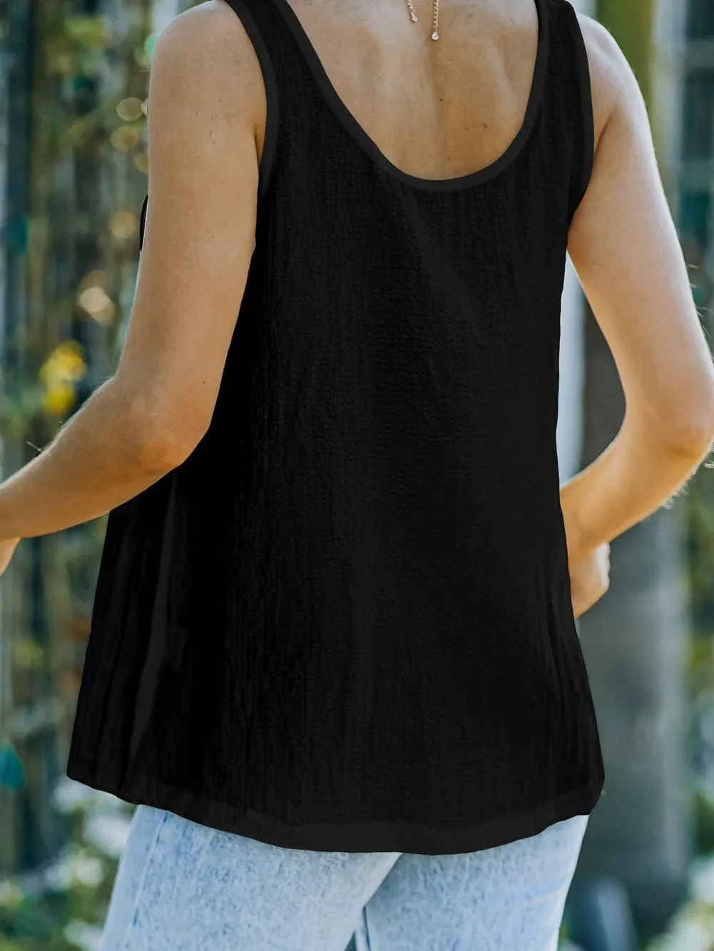 Button-Up Black Textured Sleeveless Top