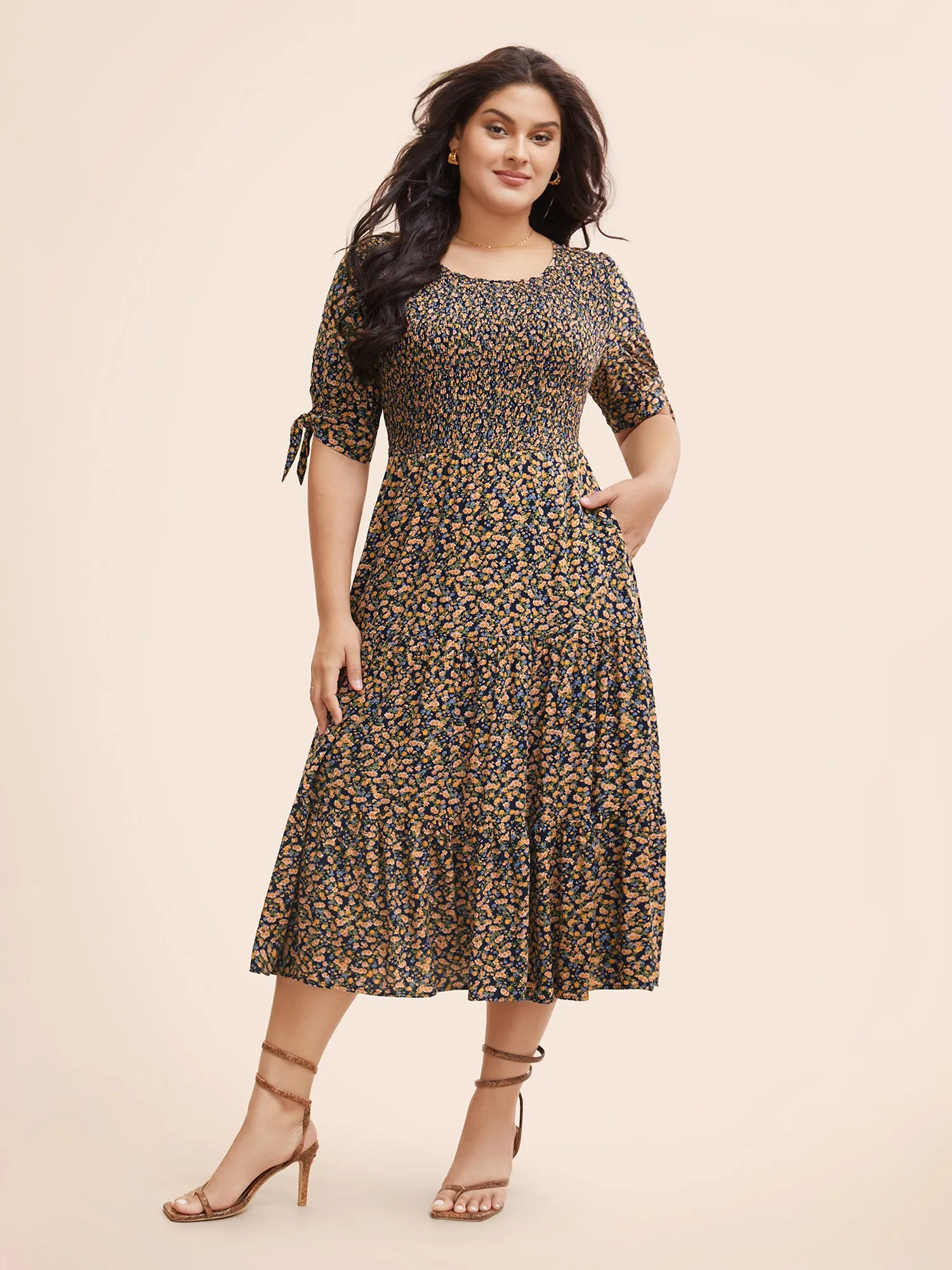 Ditsy Floral Shirred Ruffle Layered Hem Dress