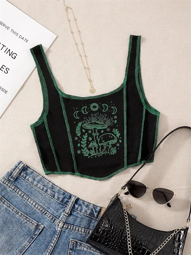 Fashionkova  Gothic Grunge Print Crop Tank Top For Women Summer Sleeveless Topstitching Patchwork Asymmetrical Cute Baby Tee Y2K Shirts
