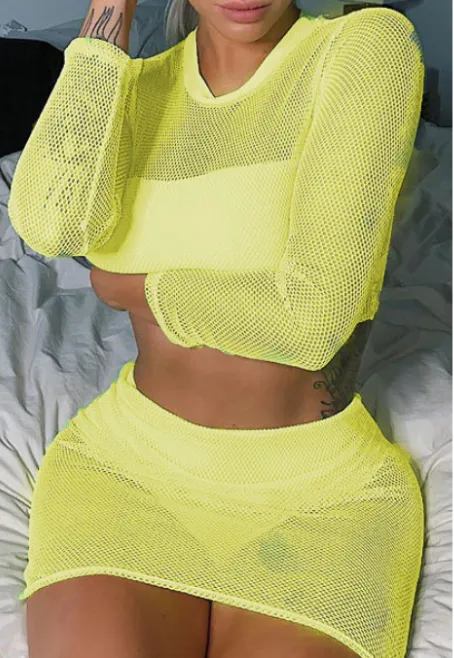 Neon Long Sleeve Mesh Crop Top & Skirt Set