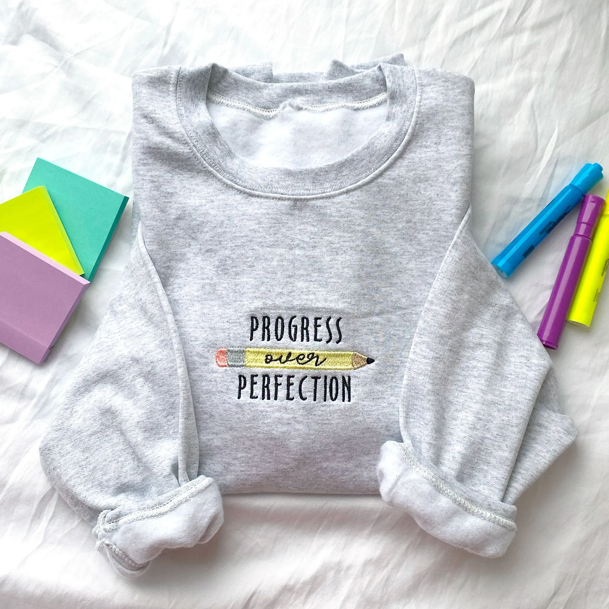 Progress Over Perfection Embroidered Gemma Crewneck Sweatshirt