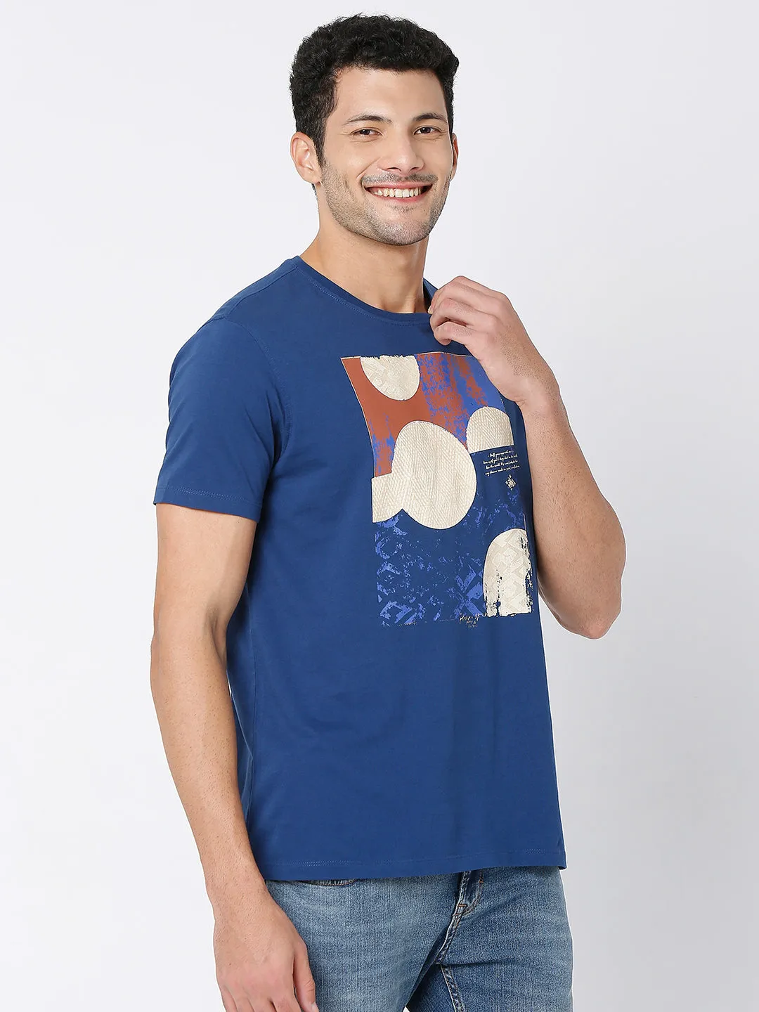 Spykar Indigo Blue Cotton Half Sleeve Printed Casual T-Shirt For Men