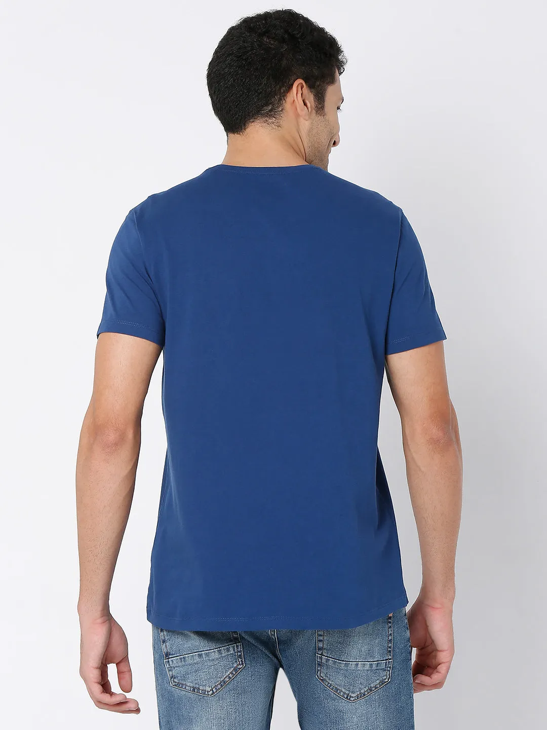 Spykar Indigo Blue Cotton Half Sleeve Printed Casual T-Shirt For Men