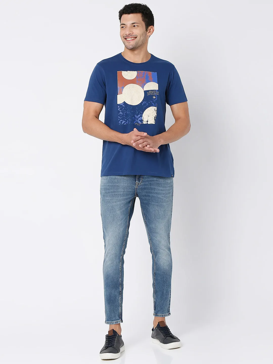 Spykar Indigo Blue Cotton Half Sleeve Printed Casual T-Shirt For Men