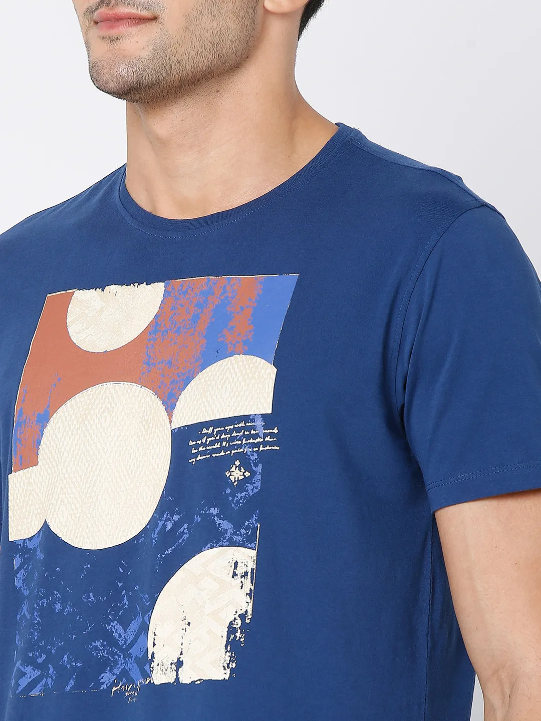 Spykar Indigo Blue Cotton Half Sleeve Printed Casual T-Shirt For Men