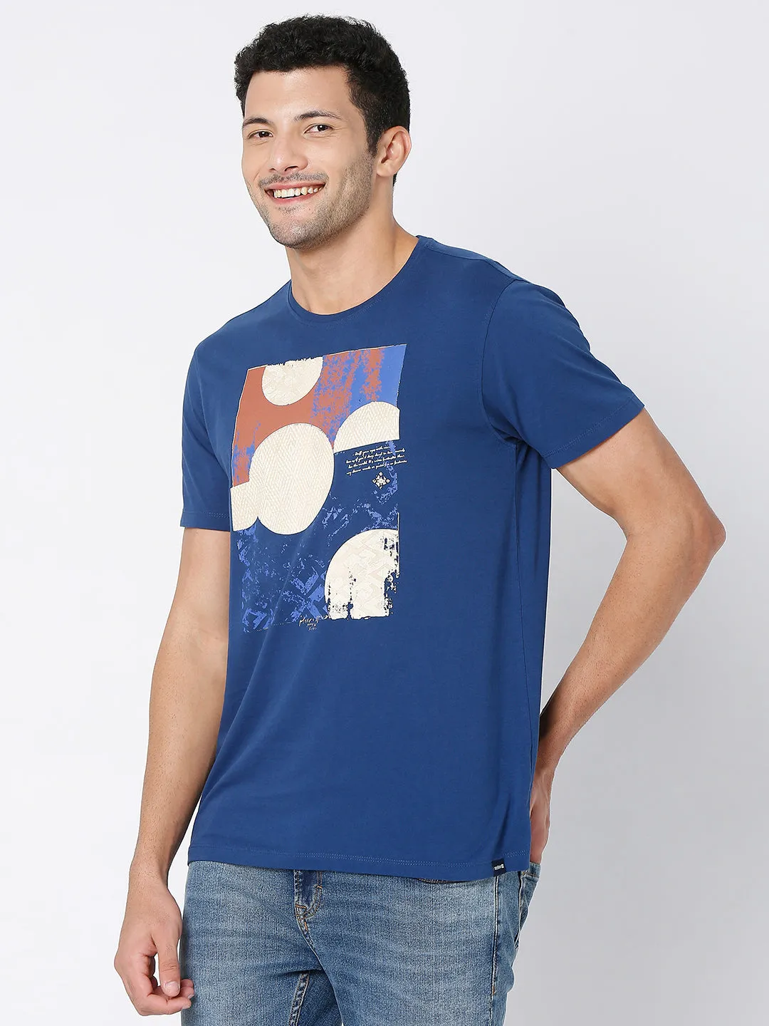 Spykar Indigo Blue Cotton Half Sleeve Printed Casual T-Shirt For Men