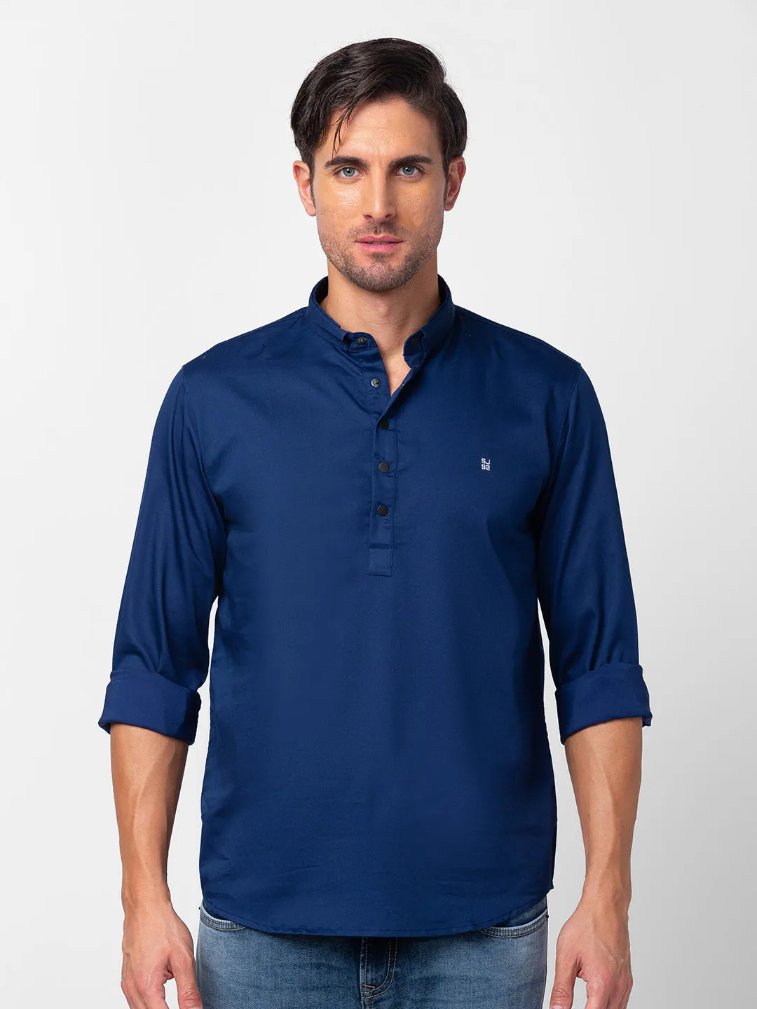 Spykar Men Indigo Blue Cotton Slim Fit M and arin Collar Plain Kurta