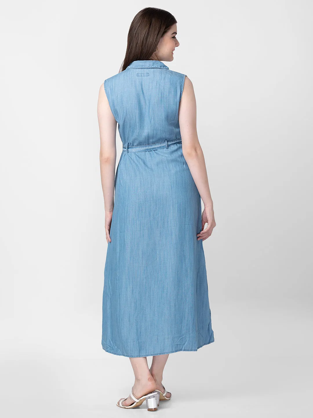 Spykar Women Indigo Blue Cotton Sleeveless Calf Length Denim Dress