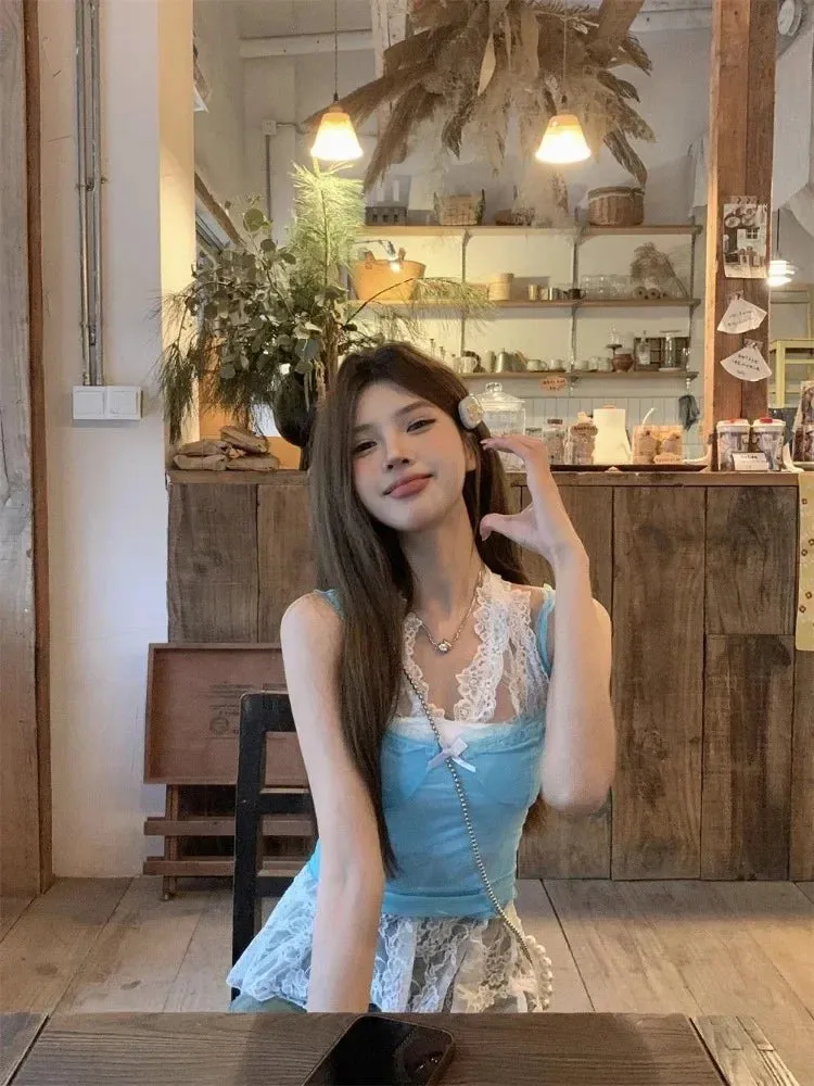 Vevesc Sweet Bow Blue Lace Vest For Women 2024 Summer New Sleeveless Tank Top Y2k Grunge Slim Fit All-match Tops Mujer