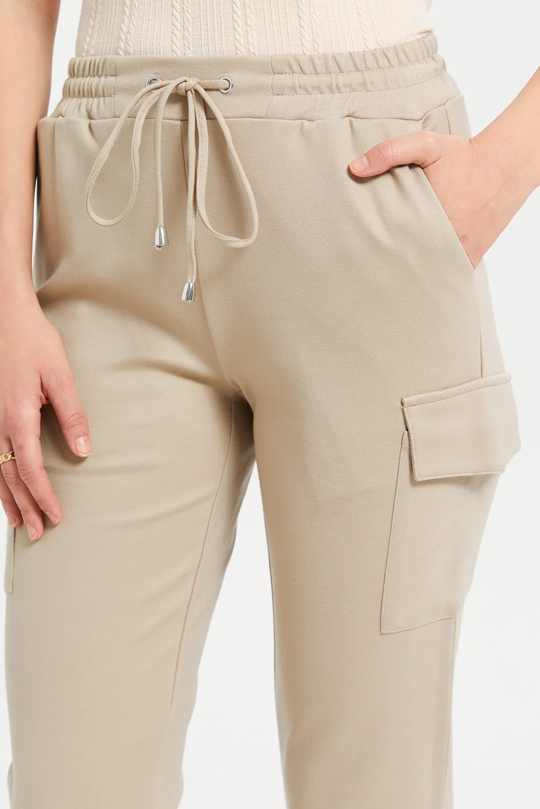 Women Beige Elasticated Waist Leggings