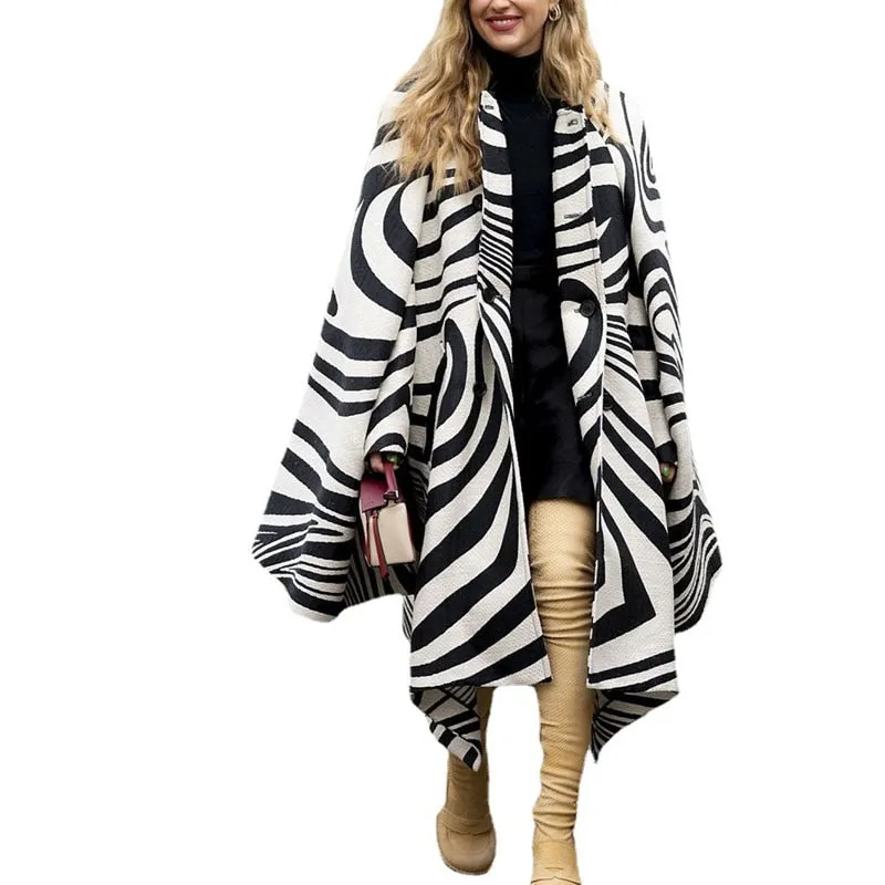Wool Stripe Long Sleeve Scarf Collar Streetwear Coats